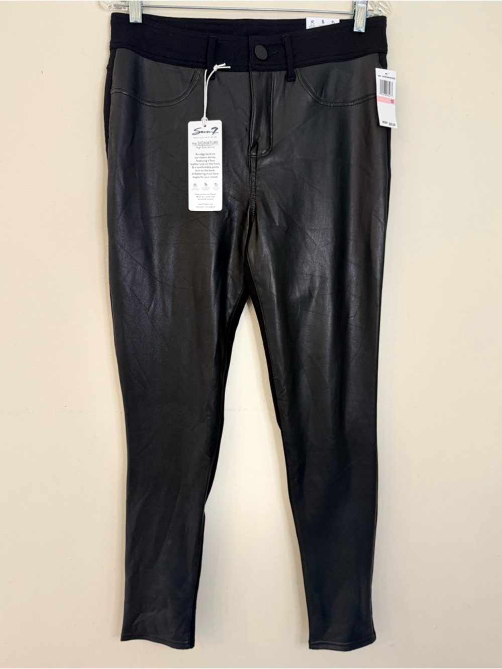 Seven7 High Rise Skinny black faux leather ponte back pants SZ 10